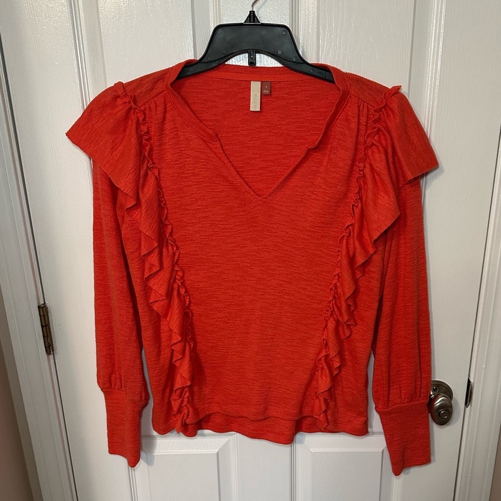 Anthropologie Pilcro Womens Sweater S Coral Cozy Popover Ruffled Preppy Cottage